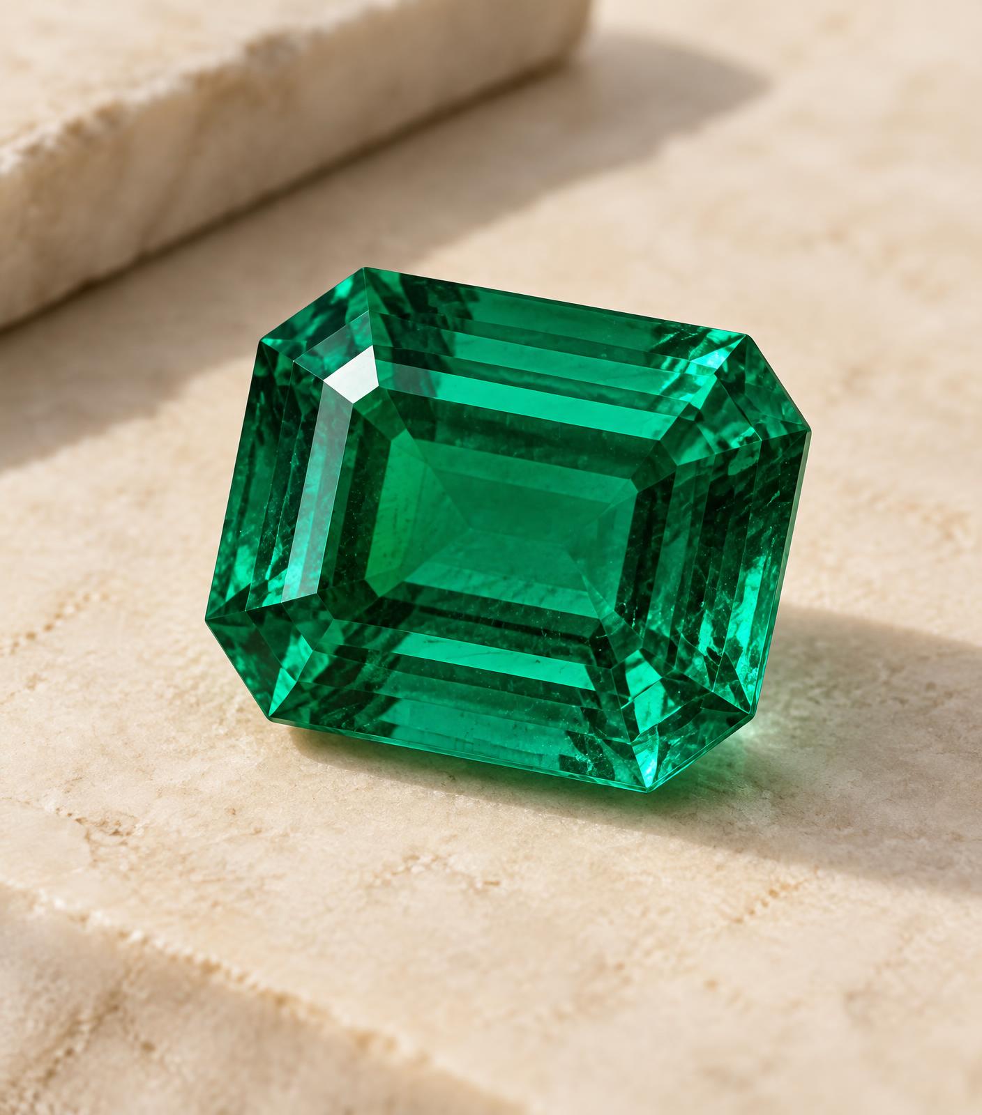 Large loose emerald-cut gemstone on a warm matte surface