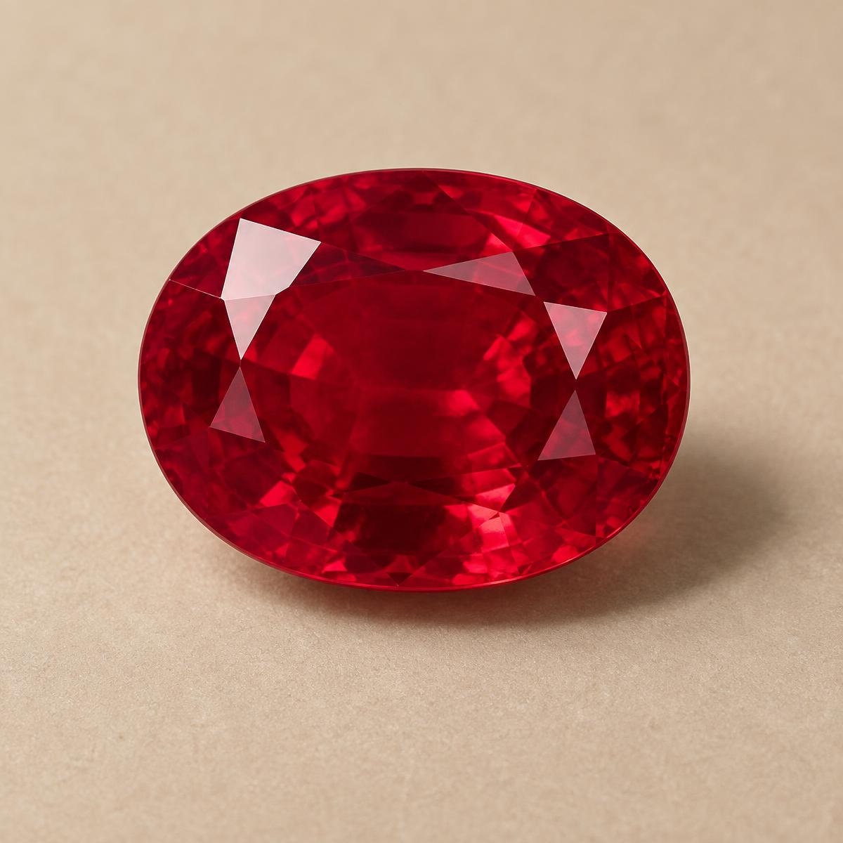 Illustrative oval-cut ruby on a warm matte surface